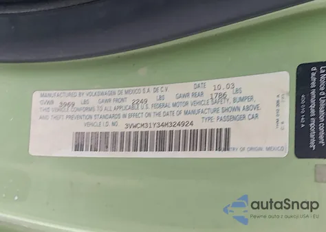 2004 Volkswagen New Beetle Gls from USA, damaged, VIN 3VWCM31Y34M324924